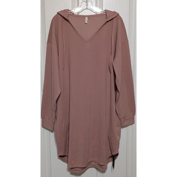 Halara Dress Large Rose Pink Hooded Sweatshirt V Neck Pocket Waffle Knit Casual - Picture 8 of 16